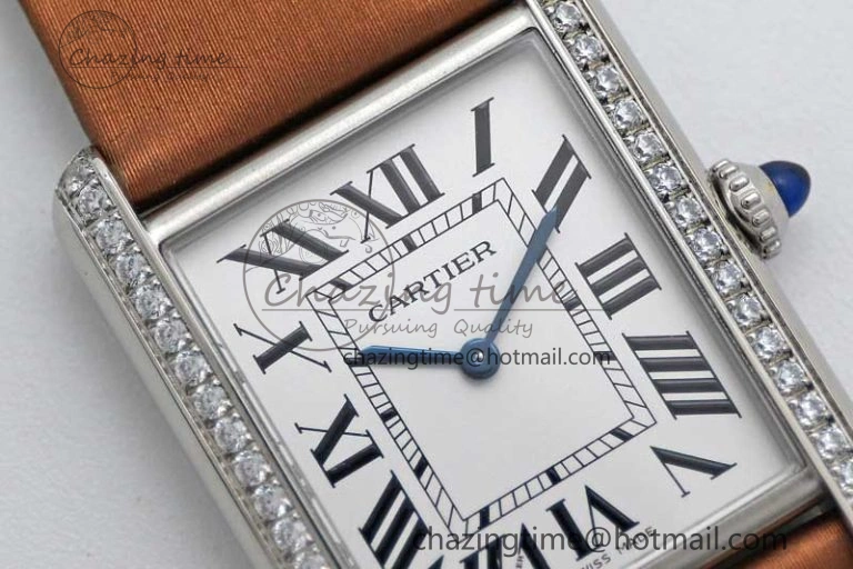 Tank Must Large SS K11F 1:1 Best Edition White Dial Diamonds Bezel on Satin Leather Strap Ronda Quartz