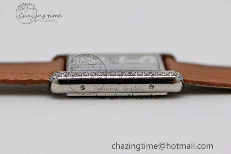 Tank Must Large SS K11F 1:1 Best Edition White Dial Diamonds Bezel on Satin Leather Strap Ronda Quartz