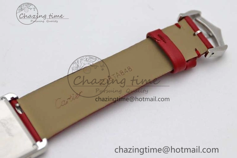 Tank Must Large SS K11F 1:1 Best Edition White Dial Diamonds Bezel on Satin Leather Strap Ronda Quartz