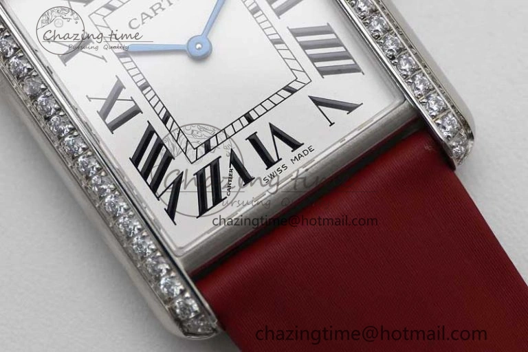 Tank Must Large SS K11F 1:1 Best Edition White Dial Diamonds Bezel on Satin Leather Strap Ronda Quartz