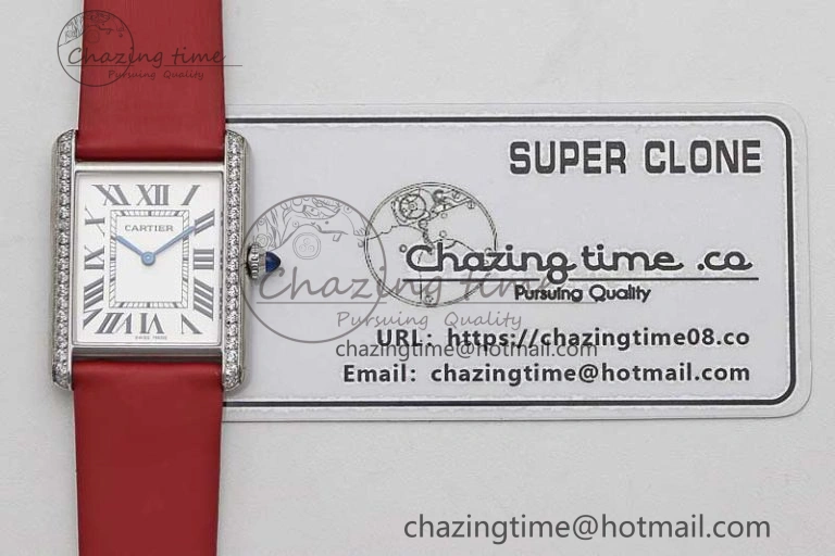 Tank Must Large SS K11F 1:1 Best Edition White Dial Diamonds Bezel on Satin Leather Strap Ronda Quartz
