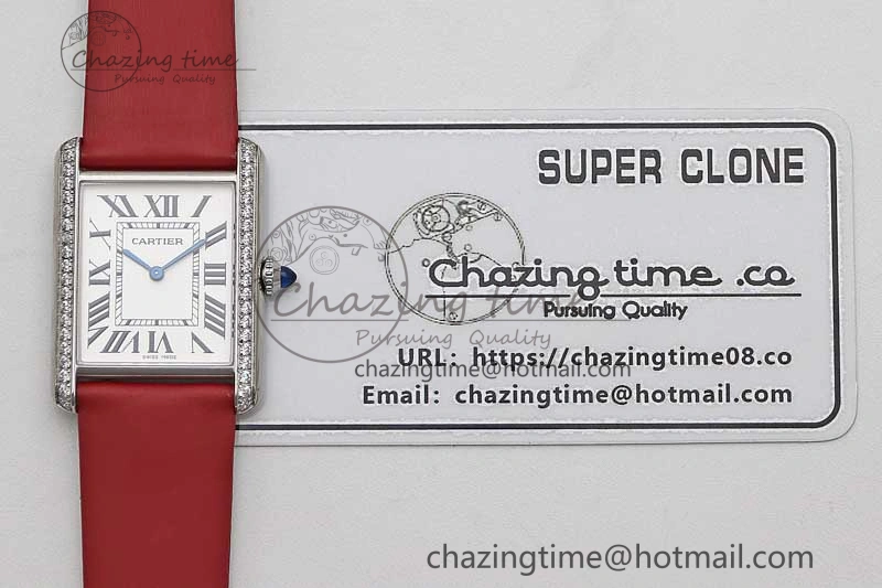 Tank Must Large SS K11F 1:1 Best Edition White Dial Diamonds Bezel on Satin Leather Strap Ronda Quartz