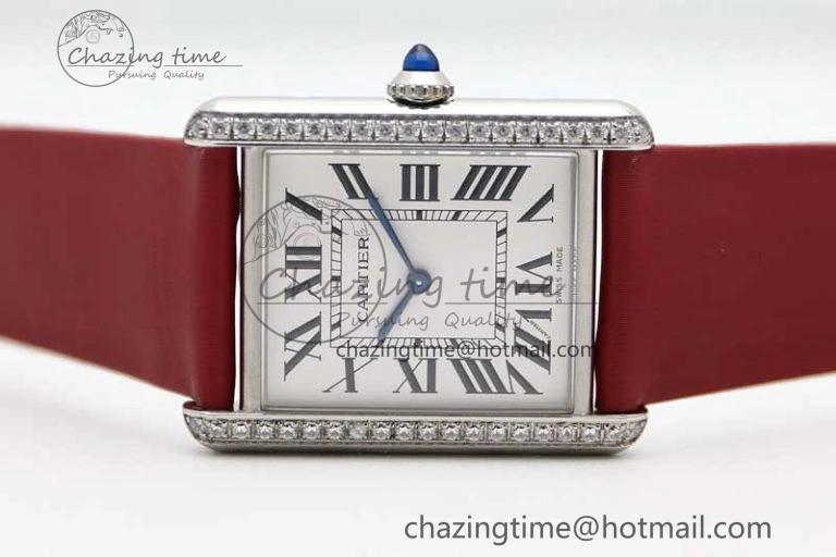 Tank Must Large SS K11F 1:1 Best Edition White Dial Diamonds Bezel on Satin Leather Strap Ronda Quartz