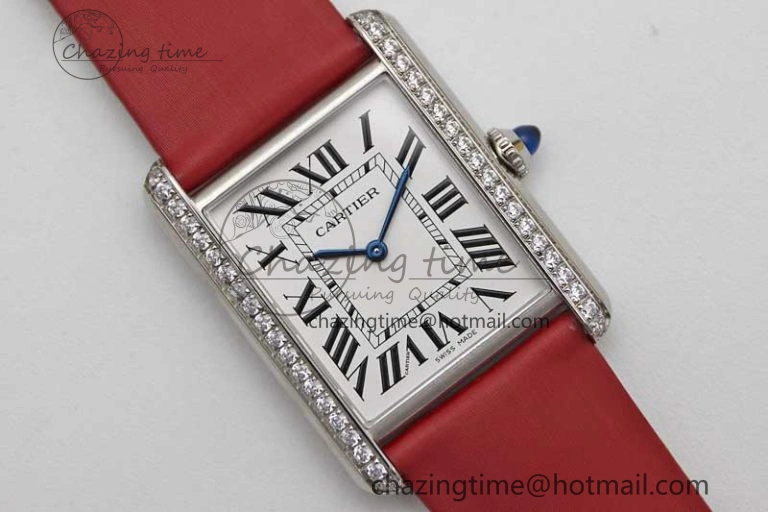 Tank Must Large SS K11F 1:1 Best Edition White Dial Diamonds Bezel on Satin Leather Strap Ronda Quartz