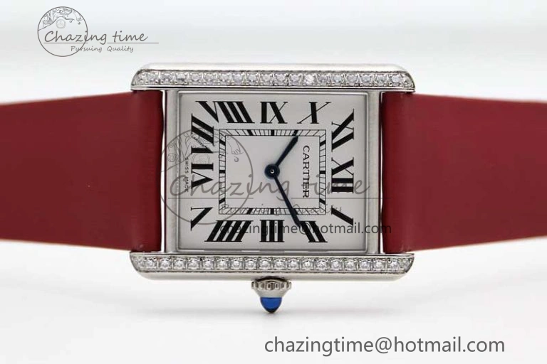 Tank Must Large SS K11F 1:1 Best Edition White Dial Diamonds Bezel on Satin Leather Strap Ronda Quartz