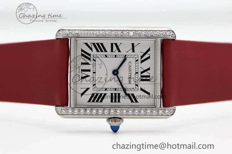 Tank Must Large SS K11F 1:1 Best Edition White Dial Diamonds Bezel on Satin Leather Strap Ronda Quartz