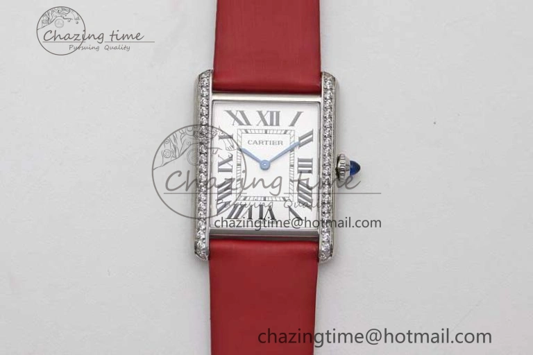 Tank Must Large SS K11F 1:1 Best Edition White Dial Diamonds Bezel on Satin Leather Strap Ronda Quartz