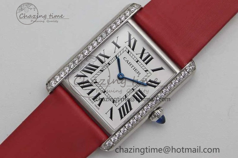 Tank Must Large SS K11F 1:1 Best Edition White Dial Diamonds Bezel on Satin Leather Strap Ronda Quartz