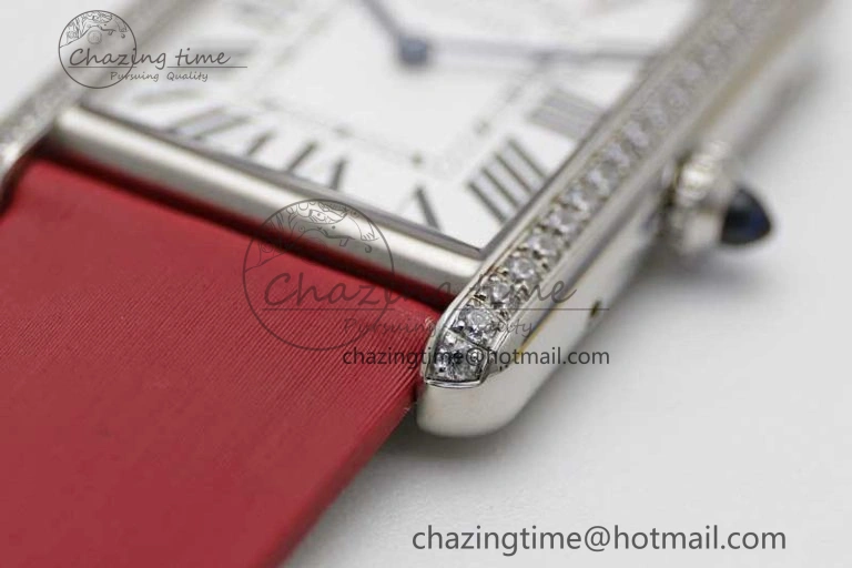 Tank Must Large SS K11F 1:1 Best Edition White Dial Diamonds Bezel on Satin Leather Strap Ronda Quartz