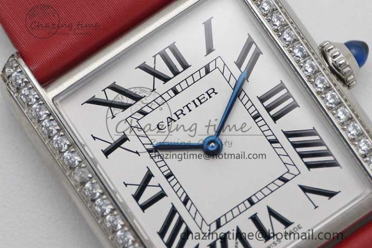 Tank Must Large SS K11F 1:1 Best Edition White Dial Diamonds Bezel on Satin Leather Strap Ronda Quartz