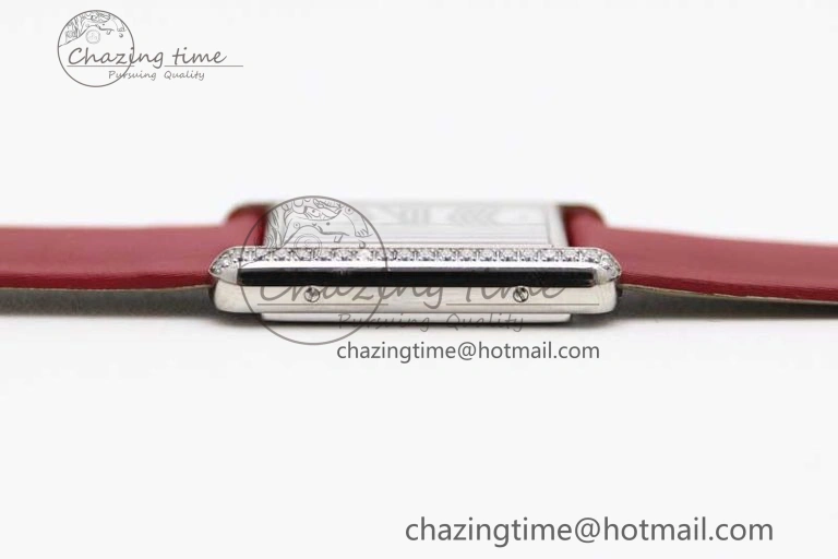 Tank Must Large SS K11F 1:1 Best Edition White Dial Diamonds Bezel on Satin Leather Strap Ronda Quartz