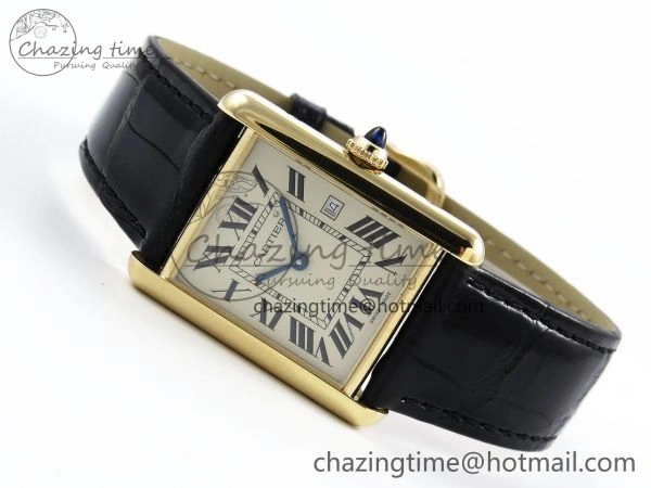 Tank Must Large YG 33.7mm DRF 1:1 Best Edition YG Dial on Black Leather Strap Swiss Quartz