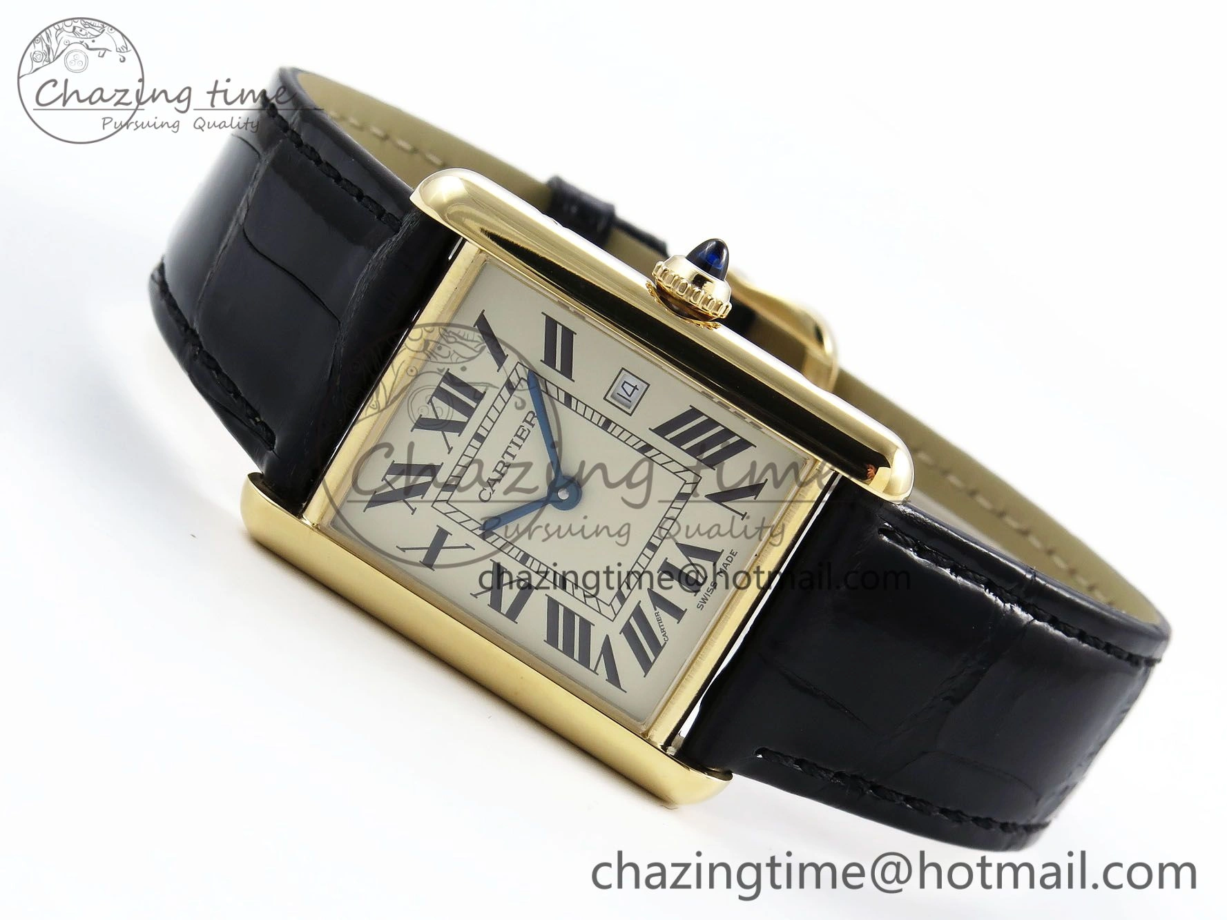 Tank Must Large YG 33.7mm DRF 1:1 Best Edition YG Dial on Black Leather Strap Swiss Quartz