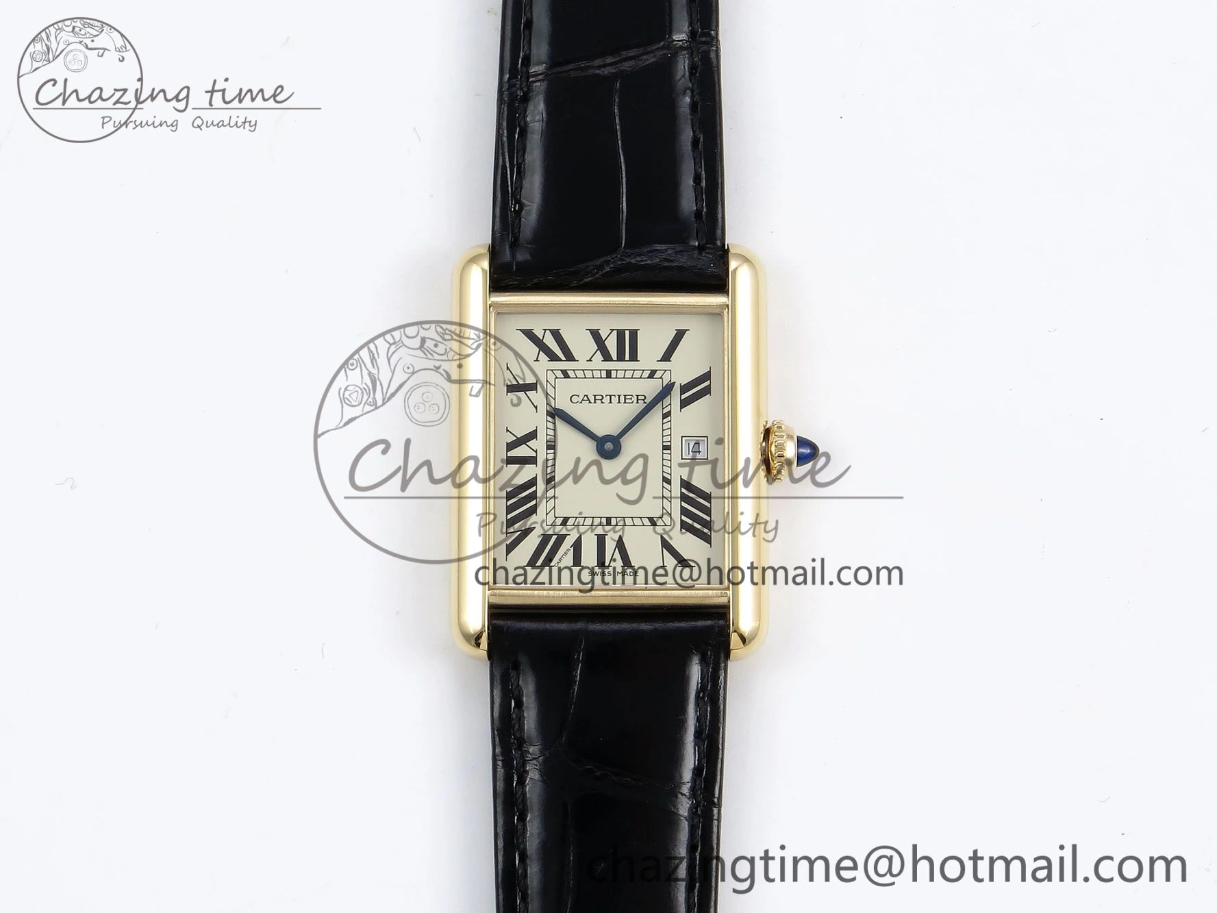 Tank Must Large YG 33.7mm DRF 1:1 Best Edition YG Dial on Black Leather Strap Swiss Quartz