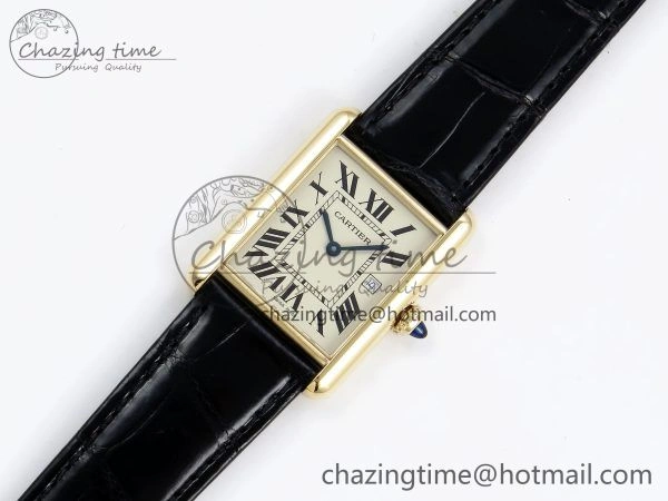Tank Must Large YG 33.7mm DRF 1:1 Best Edition YG Dial on Black Leather Strap Swiss Quartz