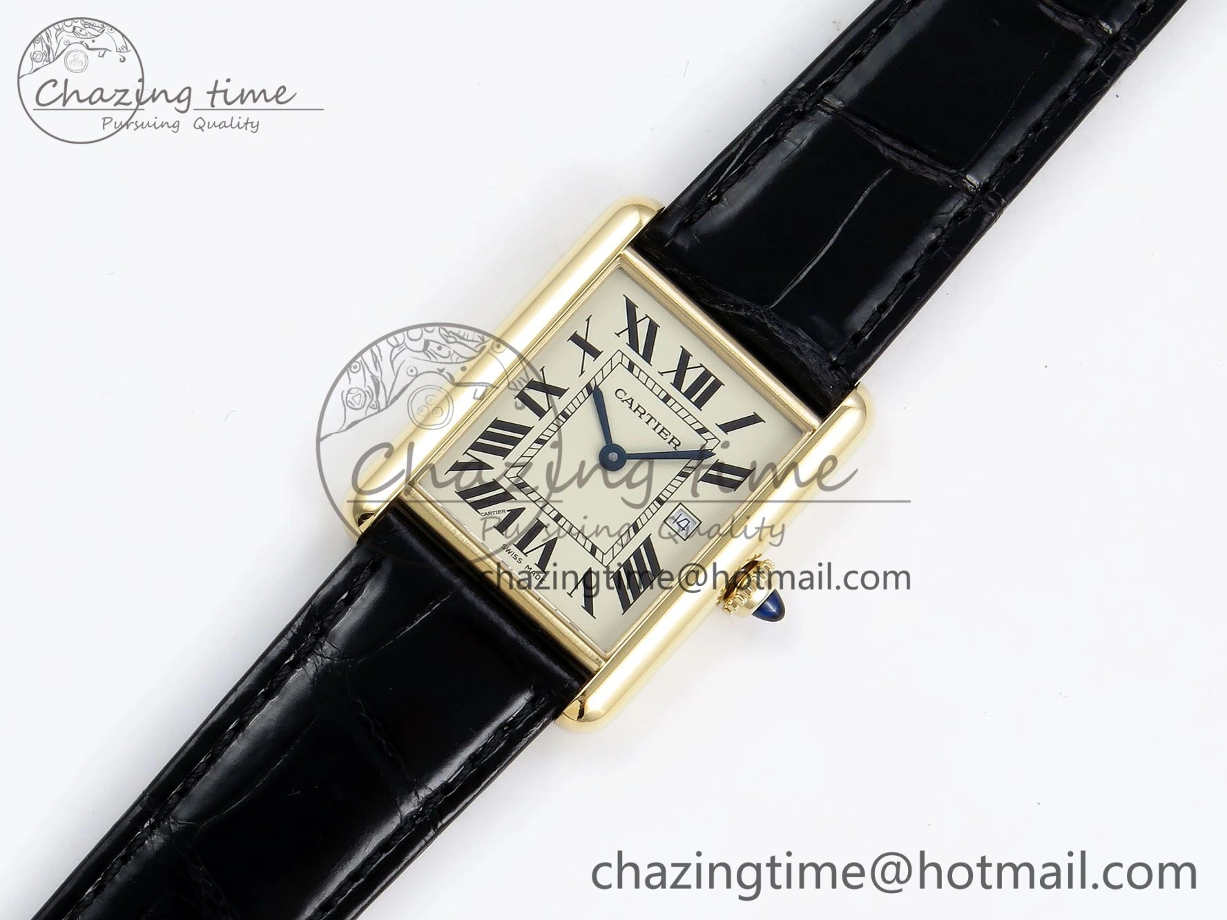 Tank Must Large YG 33.7mm DRF 1:1 Best Edition YG Dial on Black Leather Strap Swiss Quartz