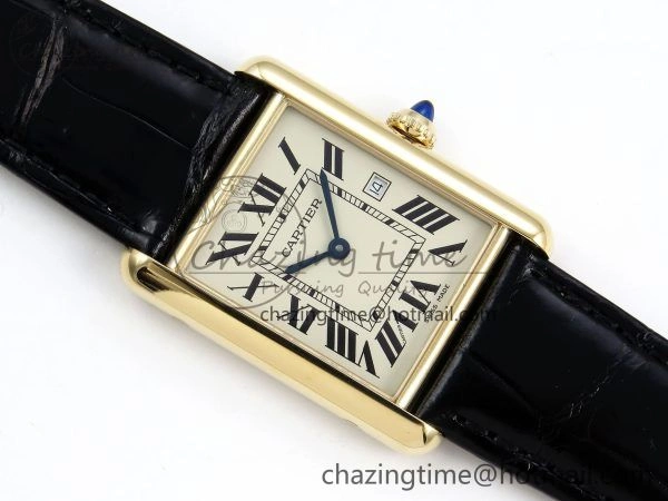 Tank Must Large YG 33.7mm DRF 1:1 Best Edition YG Dial on Black Leather Strap Swiss Quartz