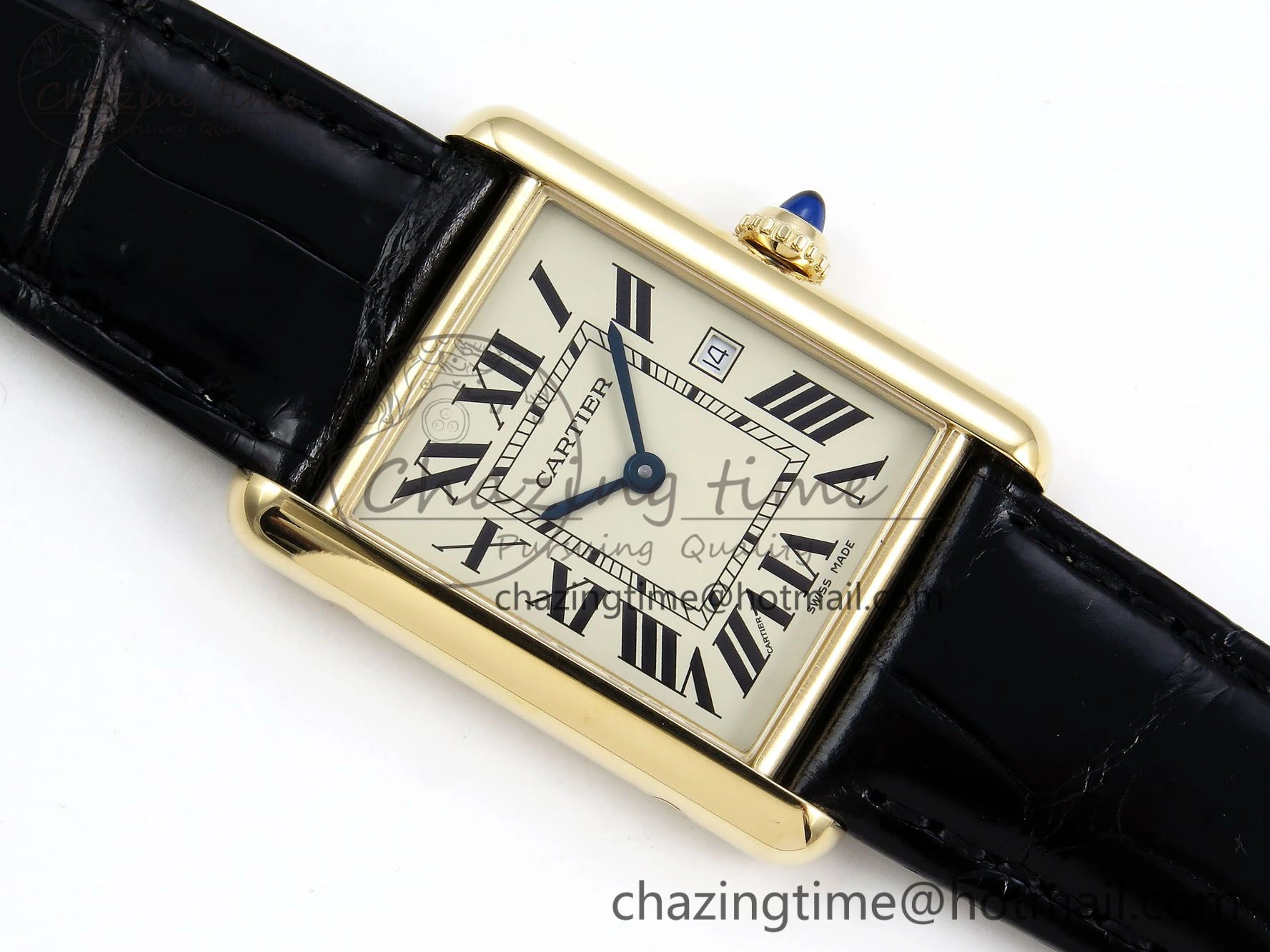 Tank Must Large YG 33.7mm DRF 1:1 Best Edition YG Dial on Black Leather Strap Swiss Quartz
