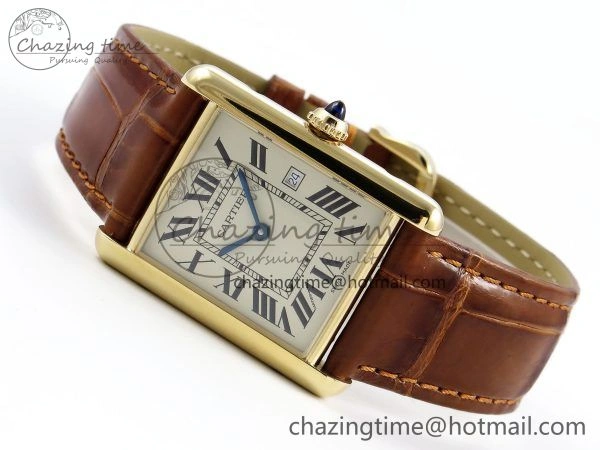 Tank Must Large YG 33.7mm DRF 1:1 Best Edition YG Dial on Brown Leather Strap Swiss Quartz