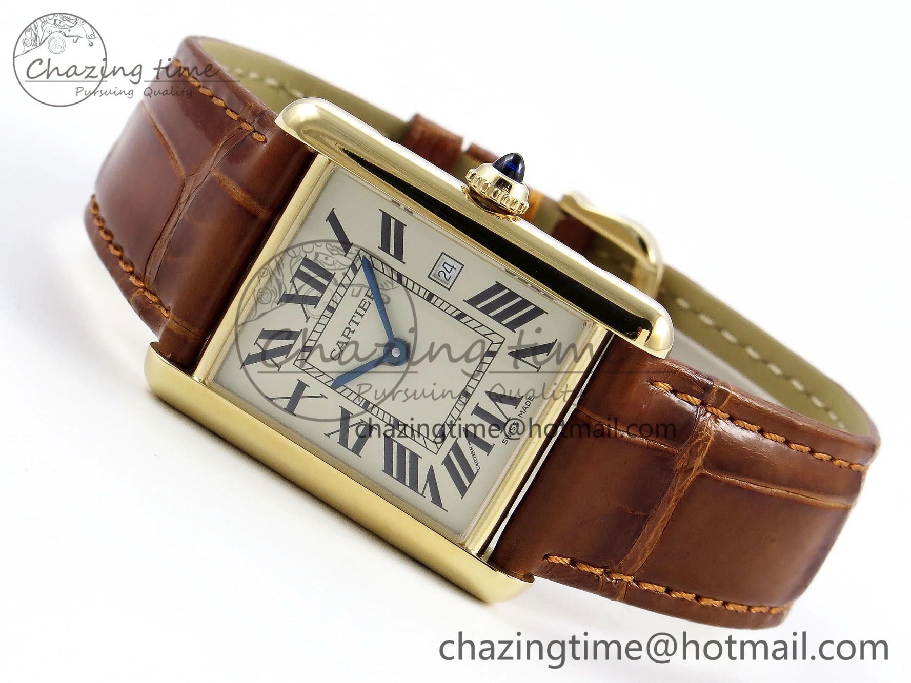Tank Must Large YG 33.7mm DRF 1:1 Best Edition YG Dial on Brown Leather Strap Swiss Quartz