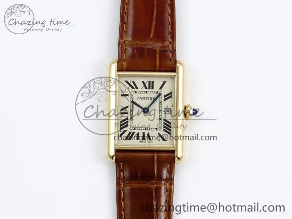Tank Must Large YG 33.7mm DRF 1:1 Best Edition YG Dial on Brown Leather Strap Swiss Quartz