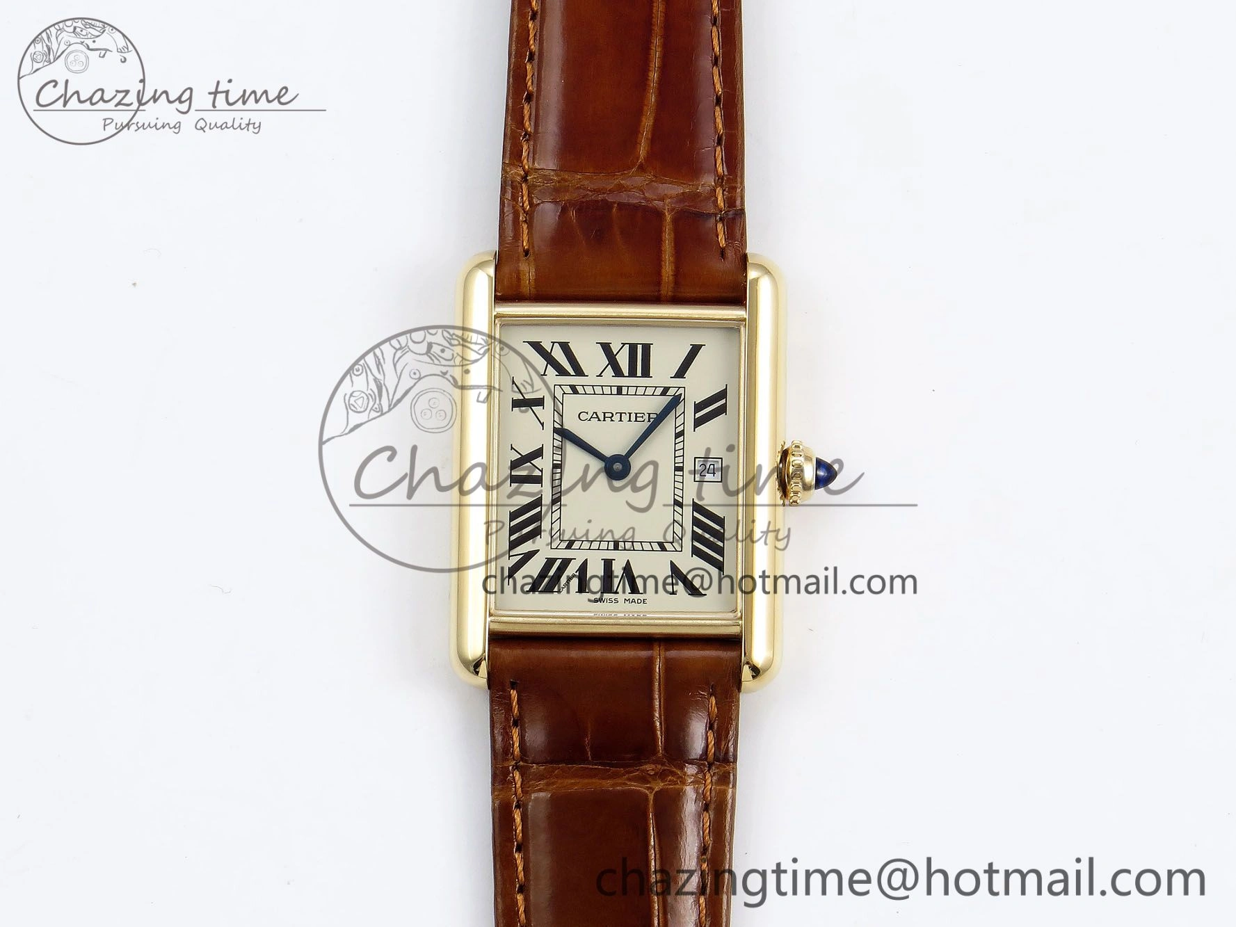 Tank Must Large YG 33.7mm DRF 1:1 Best Edition YG Dial on Brown Leather Strap Swiss Quartz