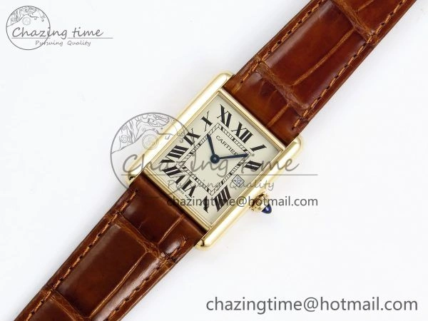 Tank Must Large YG 33.7mm DRF 1:1 Best Edition YG Dial on Brown Leather Strap Swiss Quartz