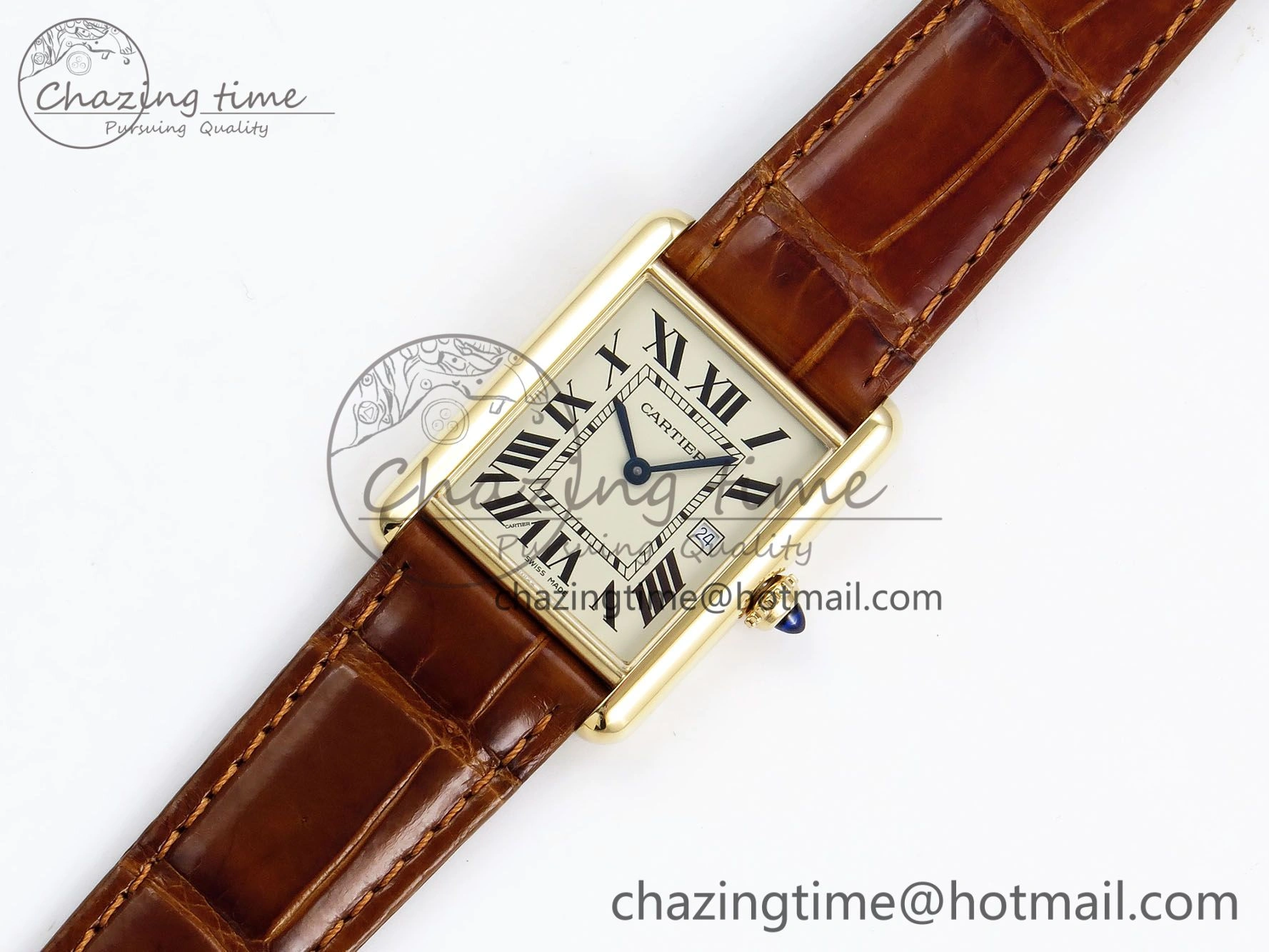 Tank Must Large YG 33.7mm DRF 1:1 Best Edition YG Dial on Brown Leather Strap Swiss Quartz