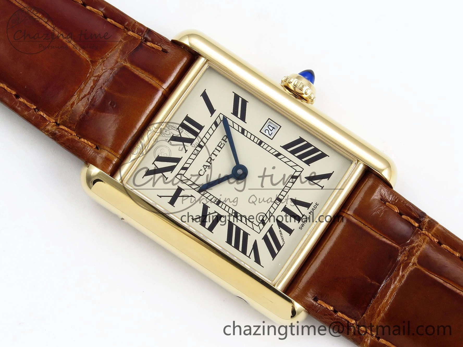 Tank Must Large YG 33.7mm DRF 1:1 Best Edition YG Dial on Brown Leather Strap Swiss Quartz