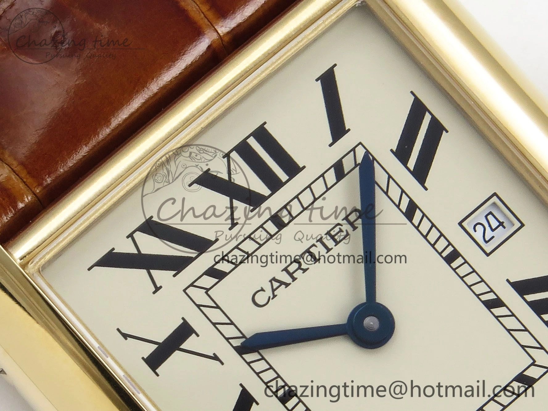 Tank Must Large YG 33.7mm DRF 1:1 Best Edition YG Dial on Brown Leather Strap Swiss Quartz