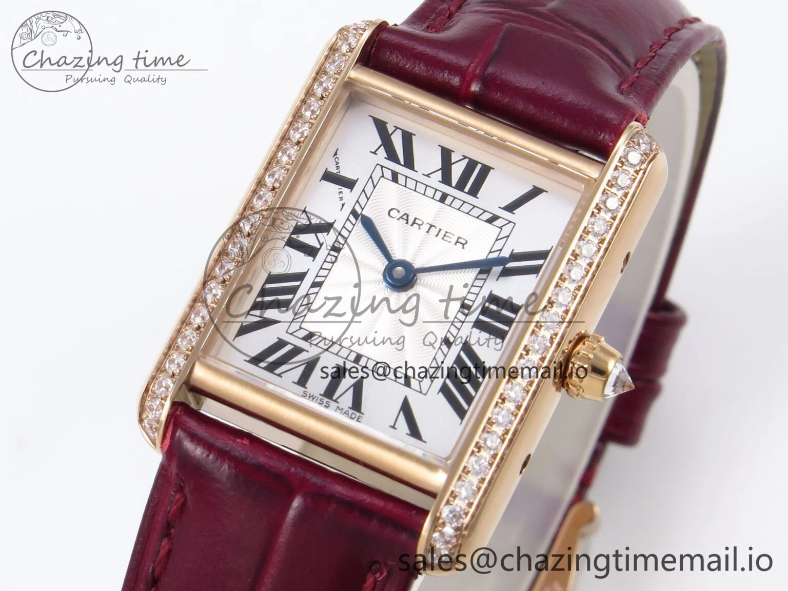 Tank Must RG 22mm AF 1:1 Best Edition White Dial Diamonds Bezel on Red Leather Strap Ronda Quartz