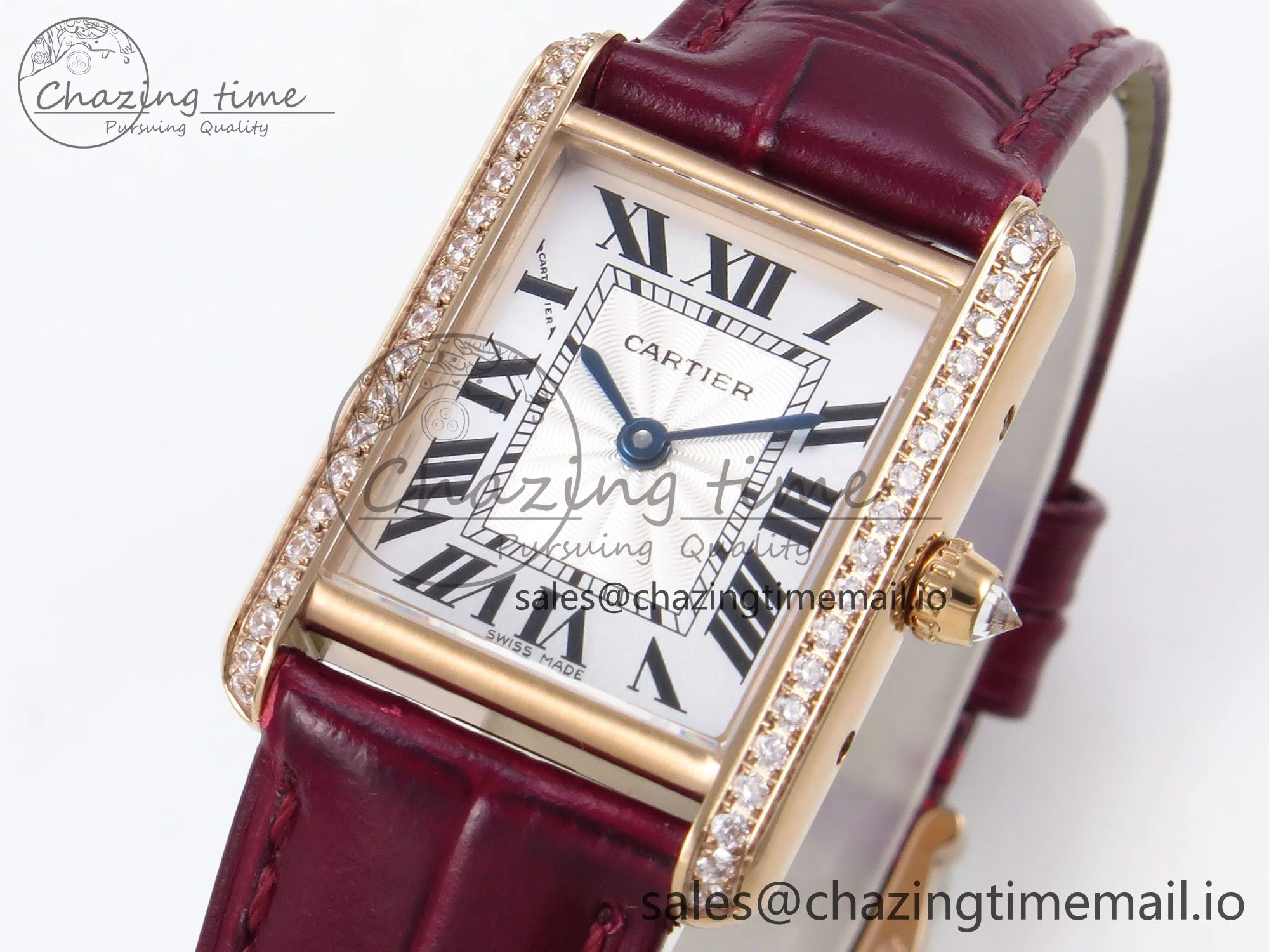Tank Must RG 22mm AF 1:1 Best Edition White Dial Diamonds Bezel on Red Leather Strap Ronda Quartz
