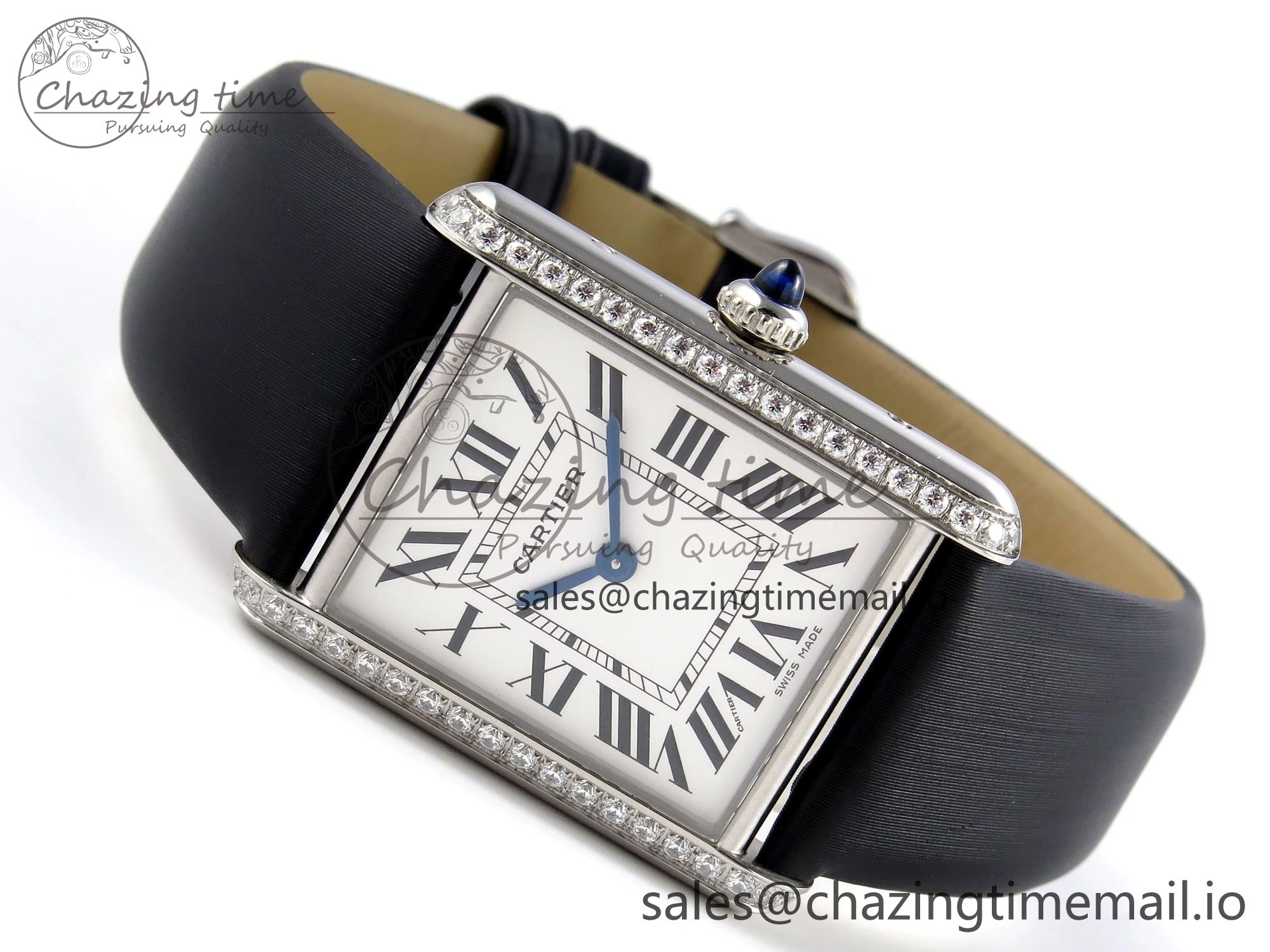 Tank Must SS 25.5mm AF 1:1 Best Edition White Dial Diamonds Bezel on Black Fabric Strap Ronda Quartz