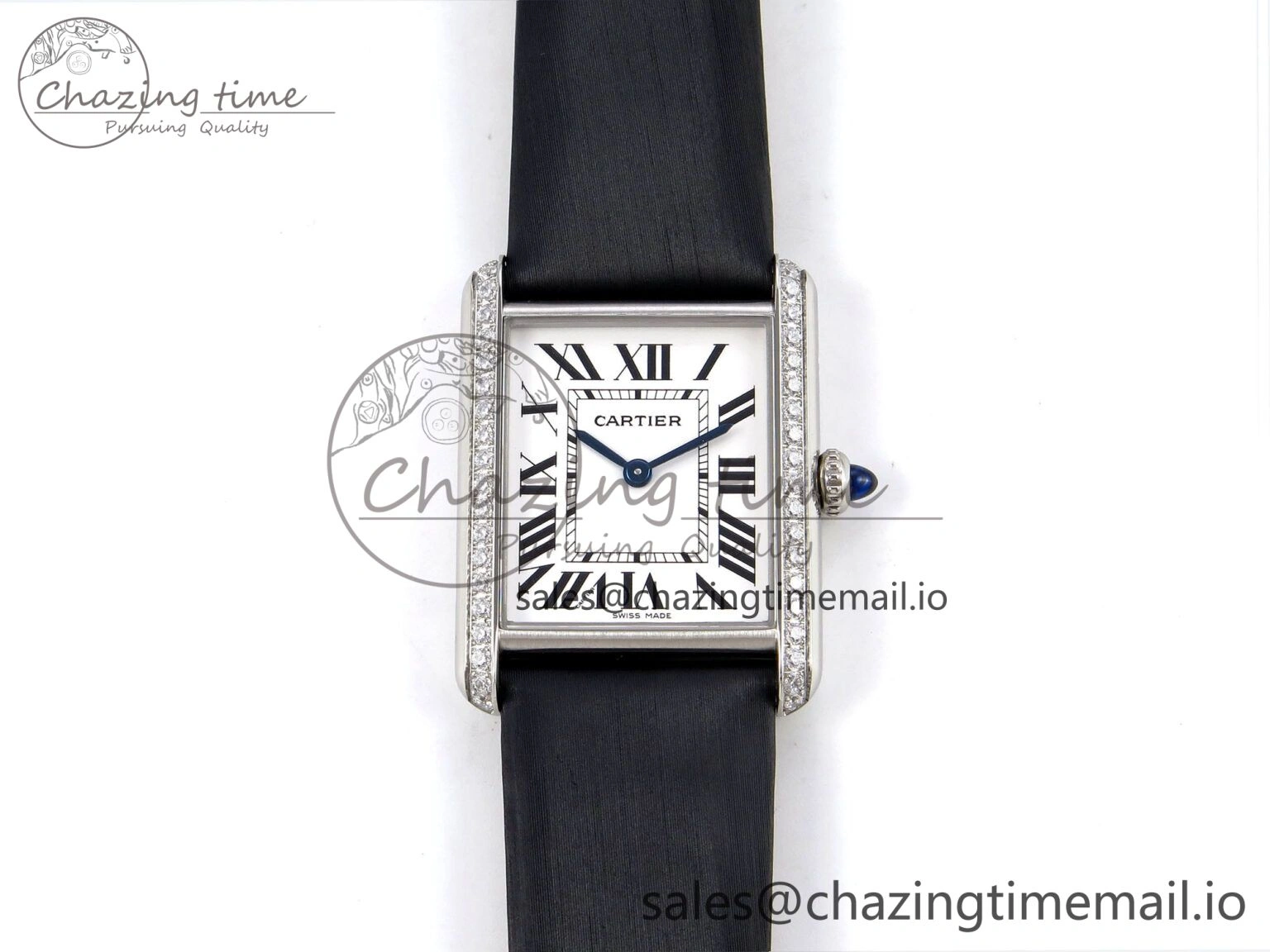 Tank Must SS 25.5mm AF 1:1 Best Edition White Dial Diamonds Bezel on Black Fabric Strap Ronda Quartz