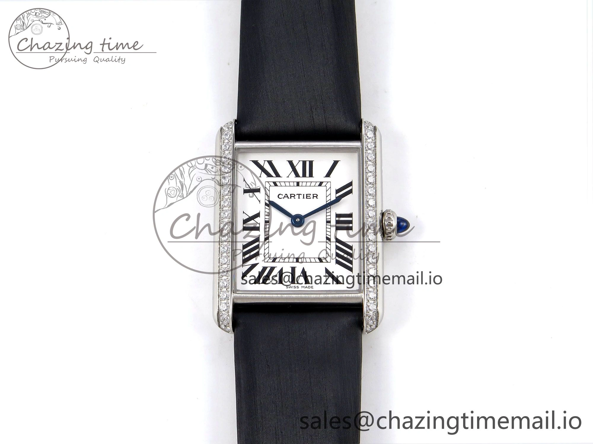 Tank Must SS 25.5mm AF 1:1 Best Edition White Dial Diamonds Bezel on Black Fabric Strap Ronda Quartz