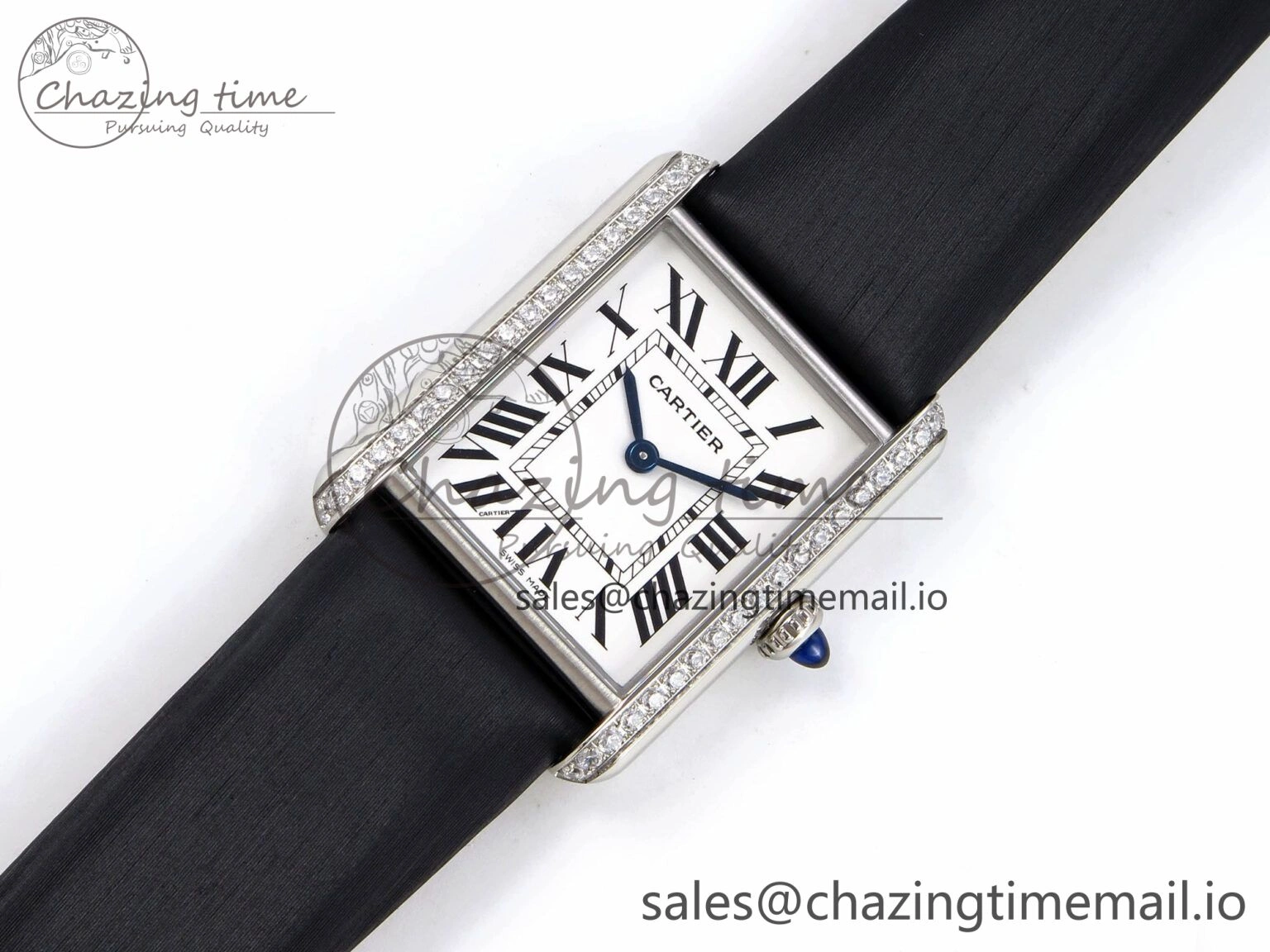 Tank Must SS 25.5mm AF 1:1 Best Edition White Dial Diamonds Bezel on Black Fabric Strap Ronda Quartz