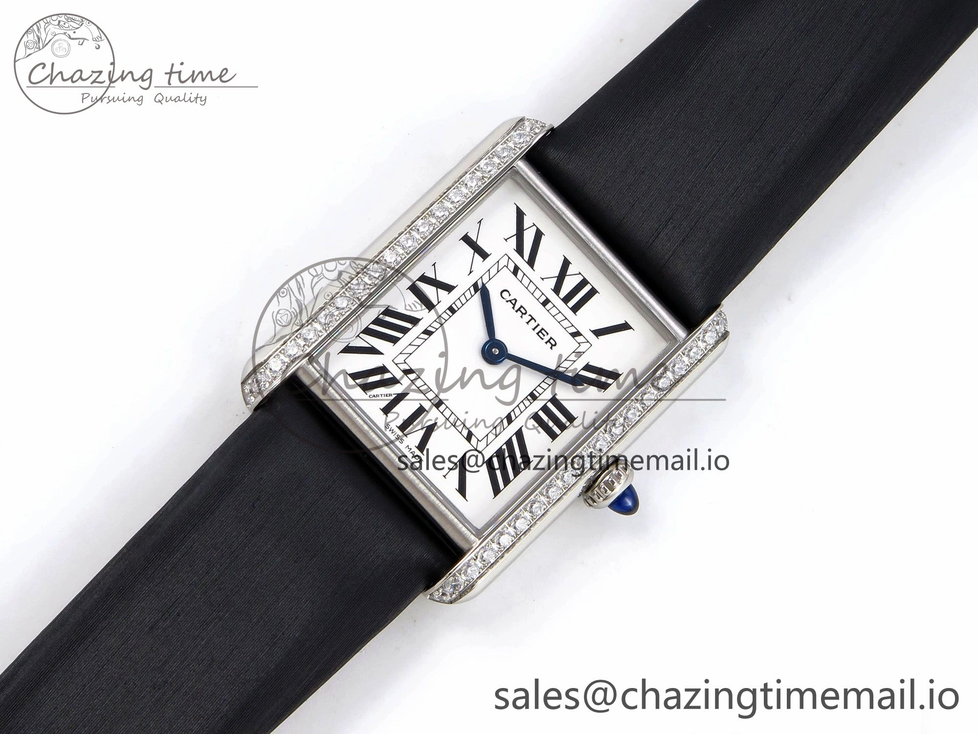 Tank Must SS 25.5mm AF 1:1 Best Edition White Dial Diamonds Bezel on Black Fabric Strap Ronda Quartz