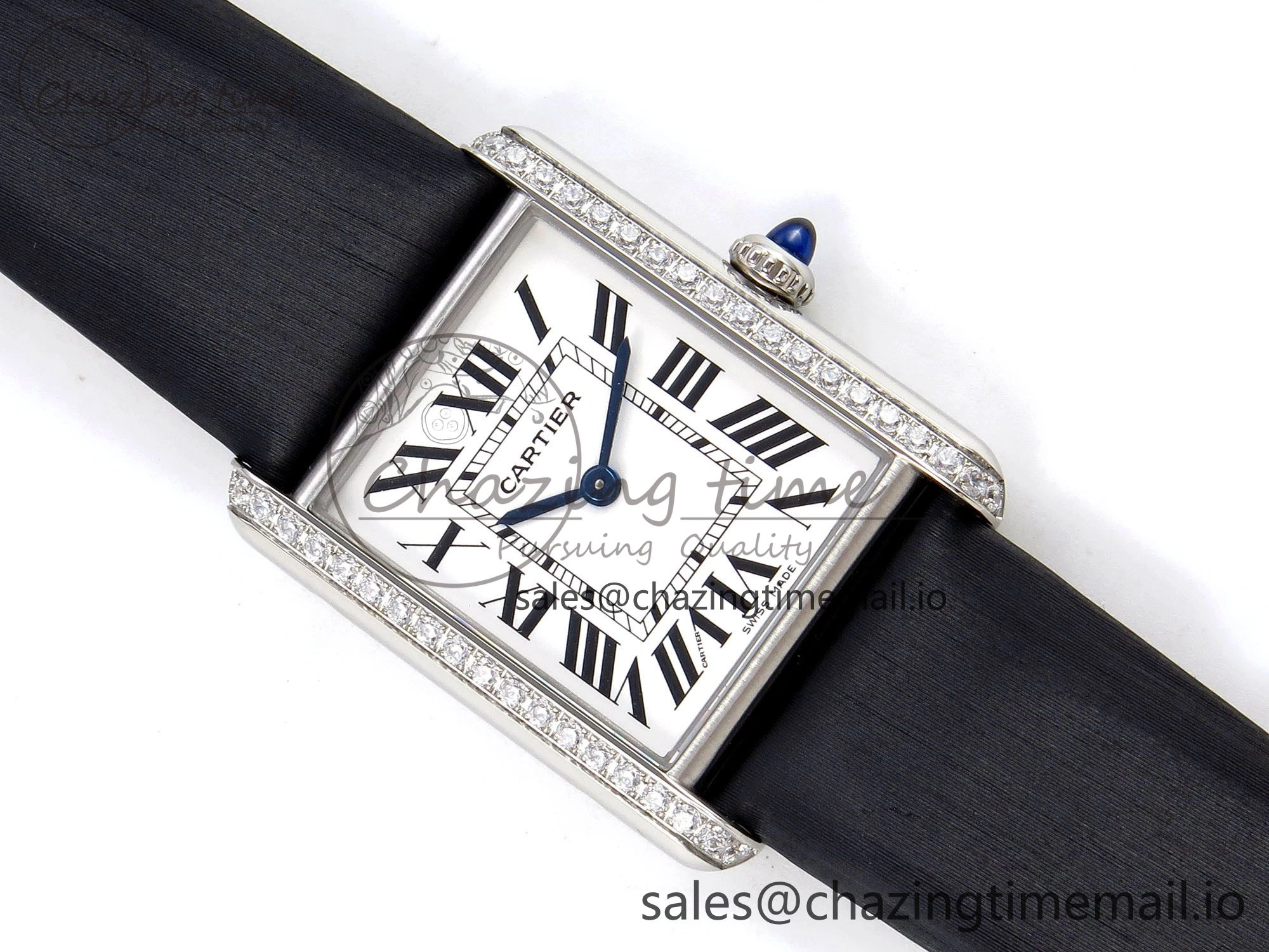 Tank Must SS 25.5mm AF 1:1 Best Edition White Dial Diamonds Bezel on Black Fabric Strap Ronda Quartz