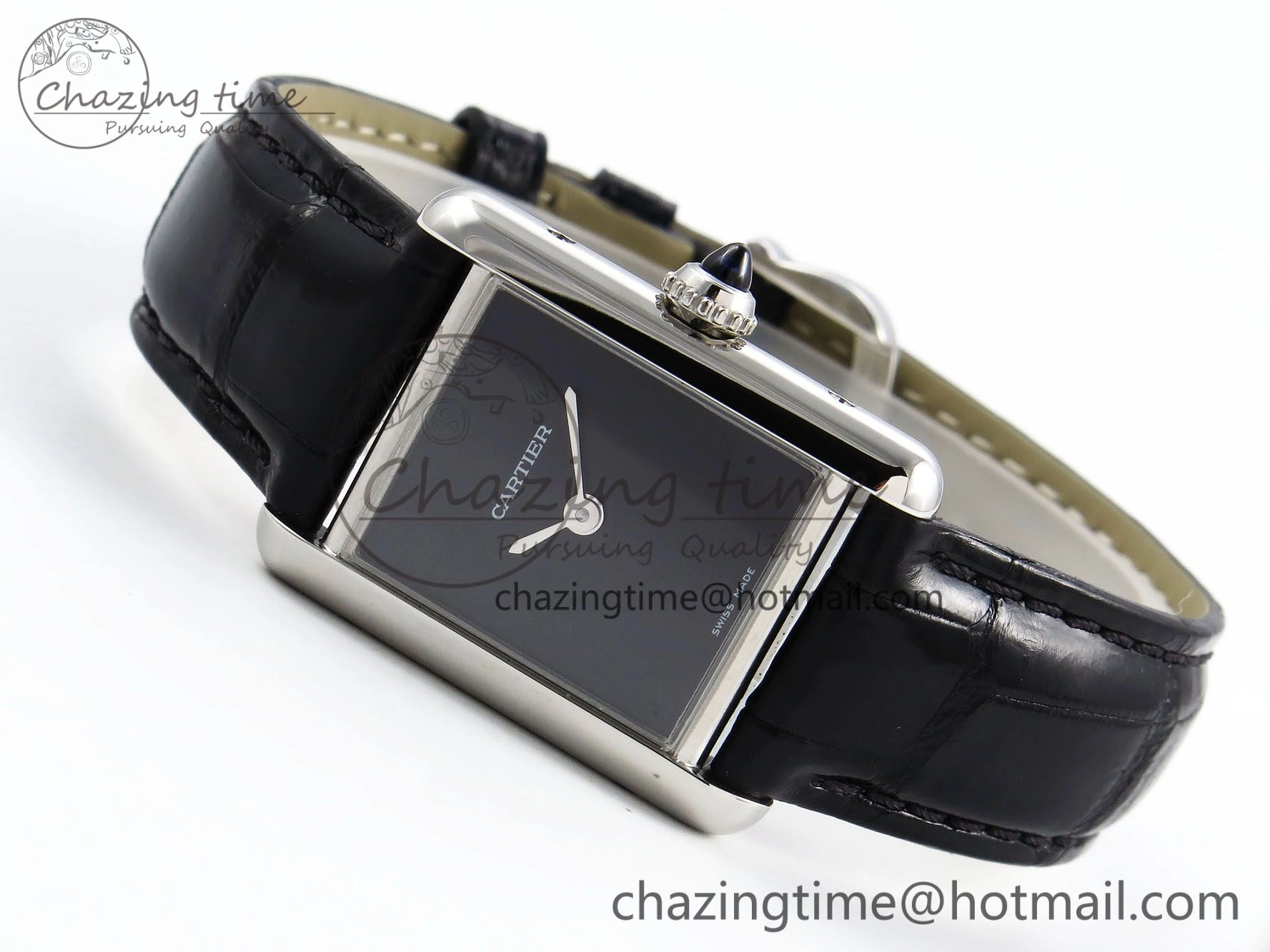 Tank Must Small SS 29mm DRF 1:1 Best Edition Black Dial on Black Leather Strap Swiss Quartz