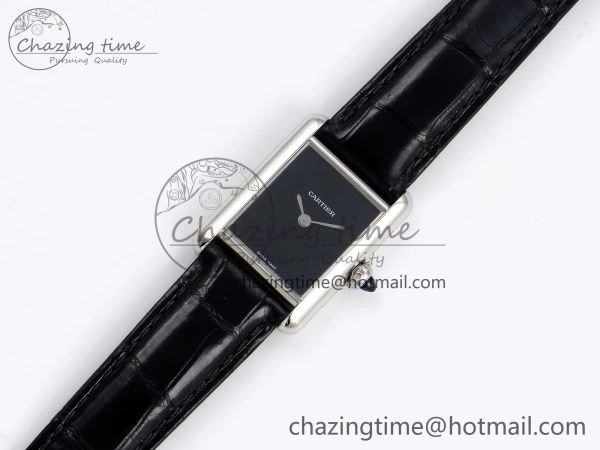 Tank Must Small SS 29mm DRF 1:1 Best Edition Black Dial on Black Leather Strap Swiss Quartz