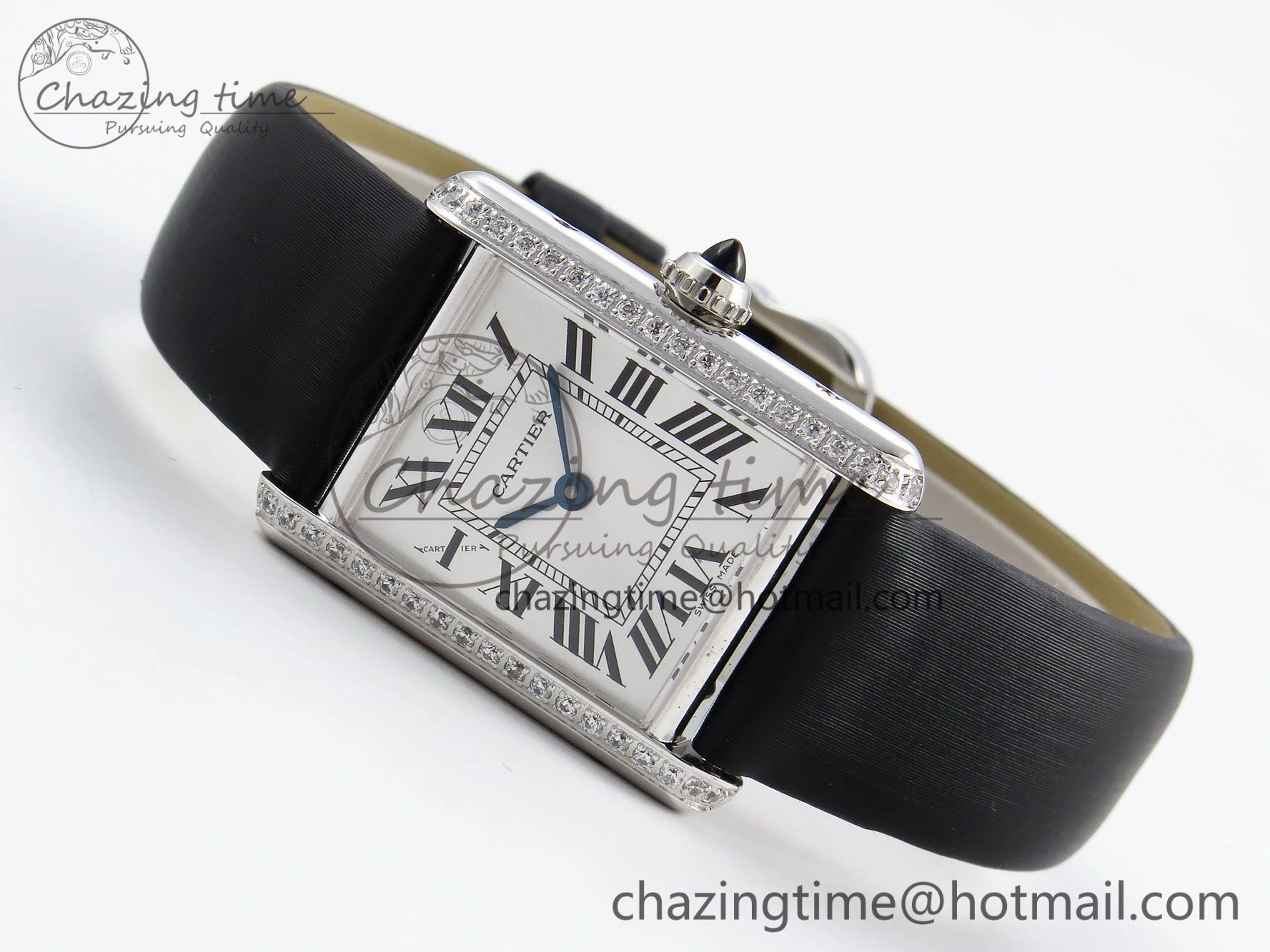 Tank Must Small SS 29mm DRF 1:1 Best Edition White Dial Diamonds Bezel on Black Calfskin Strap Swiss Quartz