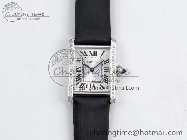 Tank Must Small SS 29mm DRF 1:1 Best Edition White Dial Diamonds Bezel on Black Calfskin Strap Swiss Quartz