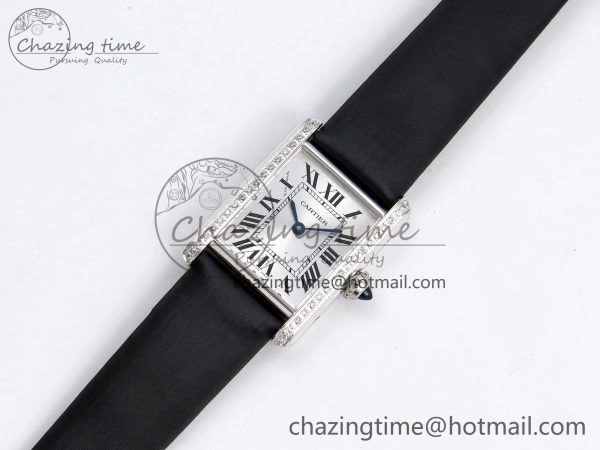 Tank Must Small SS 29mm DRF 1:1 Best Edition White Dial Diamonds Bezel on Black Calfskin Strap Swiss Quartz