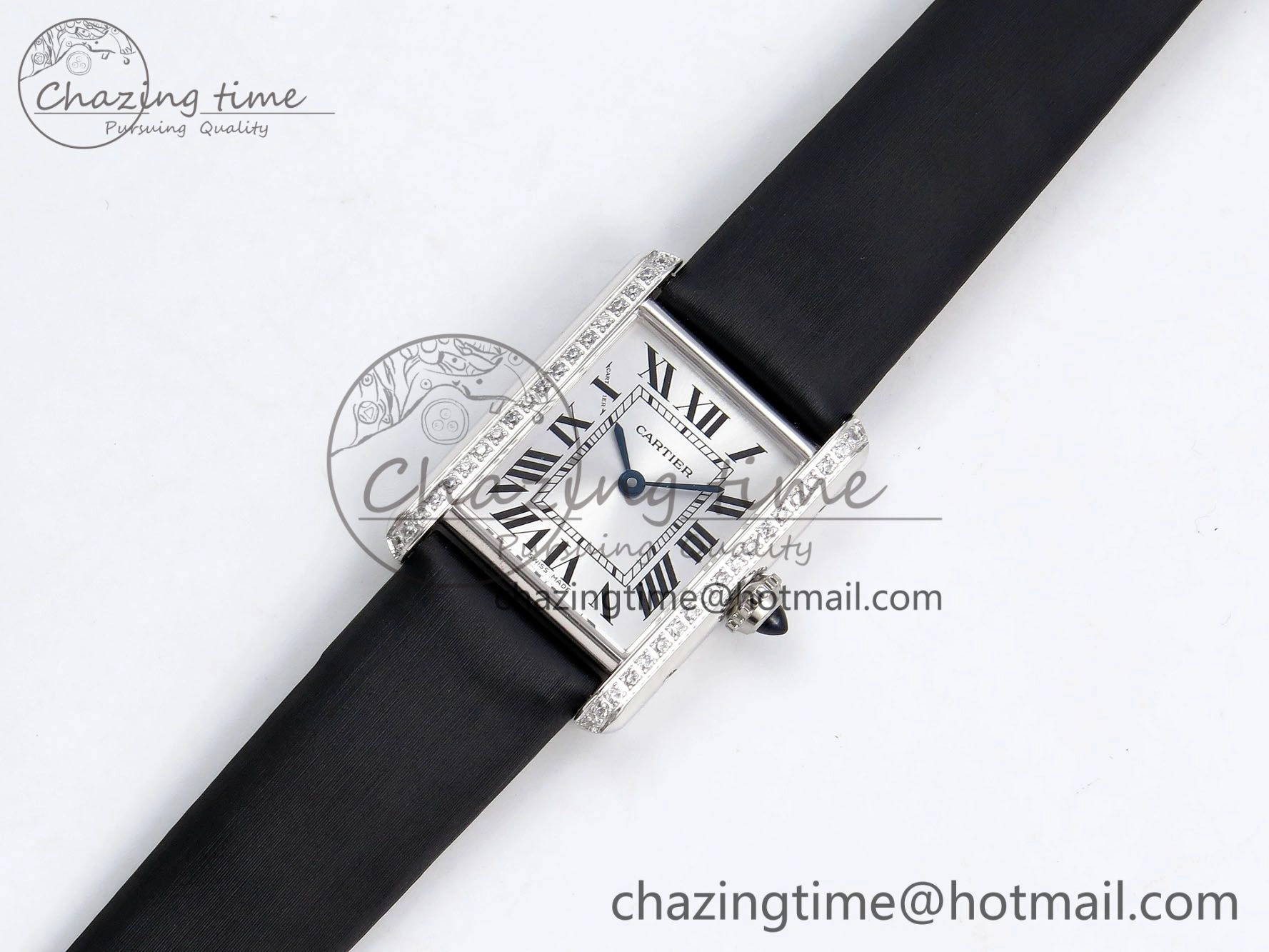 Tank Must Small SS 29mm DRF 1:1 Best Edition White Dial Diamonds Bezel on Black Calfskin Strap Swiss Quartz