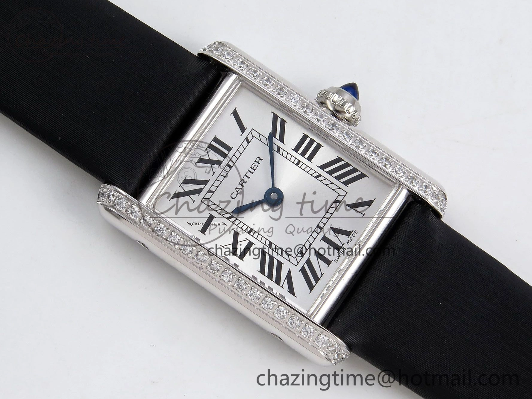 Tank Must Small SS 29mm DRF 1:1 Best Edition White Dial Diamonds Bezel on Black Calfskin Strap Swiss Quartz