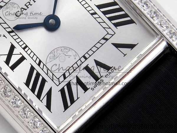 Tank Must Small SS 29mm DRF 1:1 Best Edition White Dial Diamonds Bezel on Black Calfskin Strap Swiss Quartz