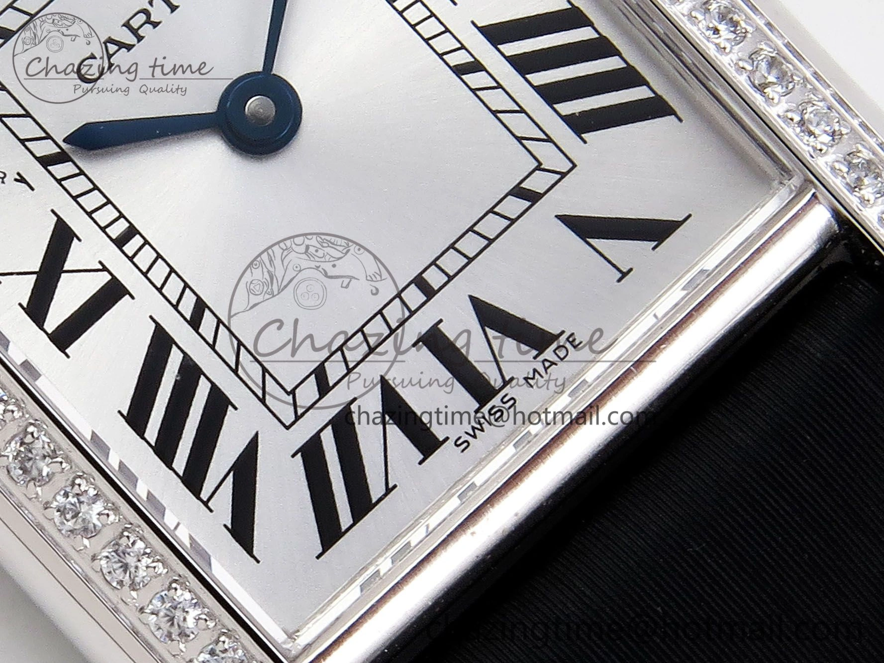 Tank Must Small SS 29mm DRF 1:1 Best Edition White Dial Diamonds Bezel on Black Calfskin Strap Swiss Quartz