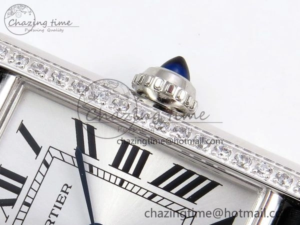 Tank Must Small SS 29mm DRF 1:1 Best Edition White Dial Diamonds Bezel on Black Calfskin Strap Swiss Quartz