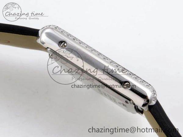 Tank Must Small SS 29mm DRF 1:1 Best Edition White Dial Diamonds Bezel on Black Calfskin Strap Swiss Quartz