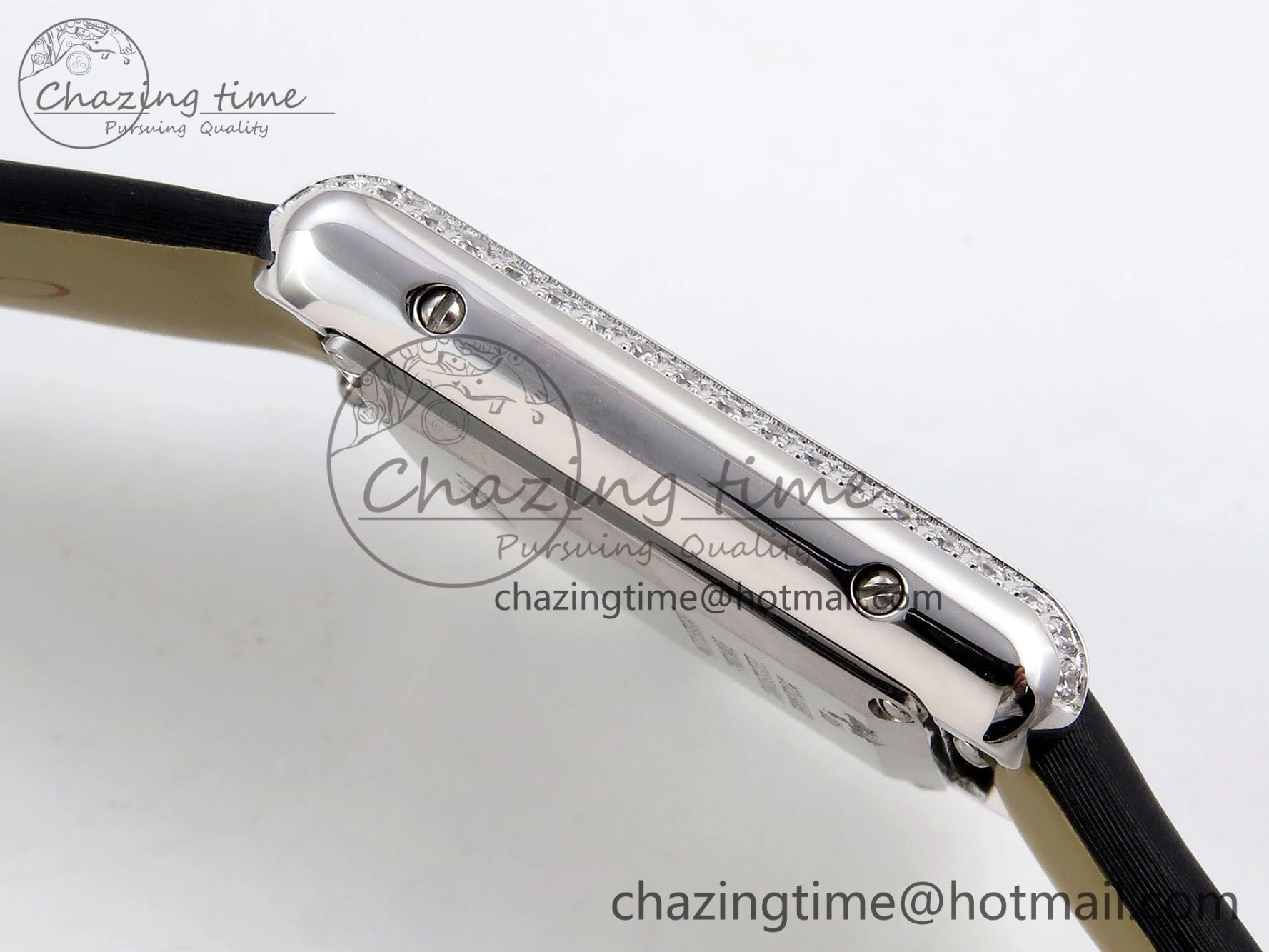 Tank Must Small SS 29mm DRF 1:1 Best Edition White Dial Diamonds Bezel on Black Calfskin Strap Swiss Quartz